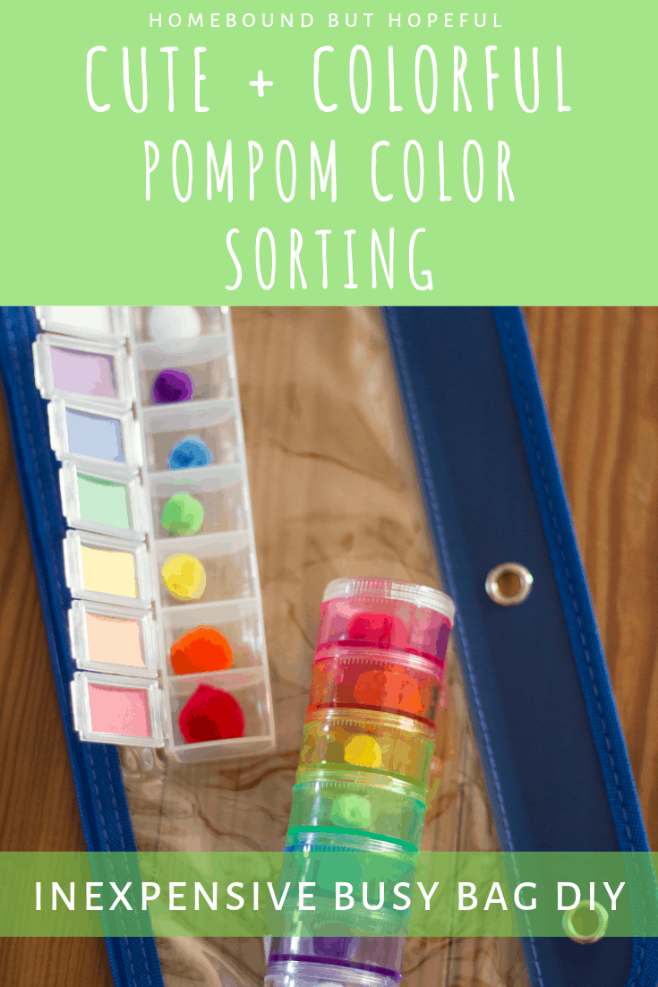 Busy bags are a MUST in my family, to keep the kids busy while we wait at restaurants, offices, or even at home. I just put together a cute + colorful pompom sorting busy bag for the boys, very inexpensively. Check out how much my middle kiddo loved it, and see what you need to put your own together. #preschoolathome #homepreschool #earlylearning #busybags #busybag #prekindergarten #handsonlearning #finemotorskills