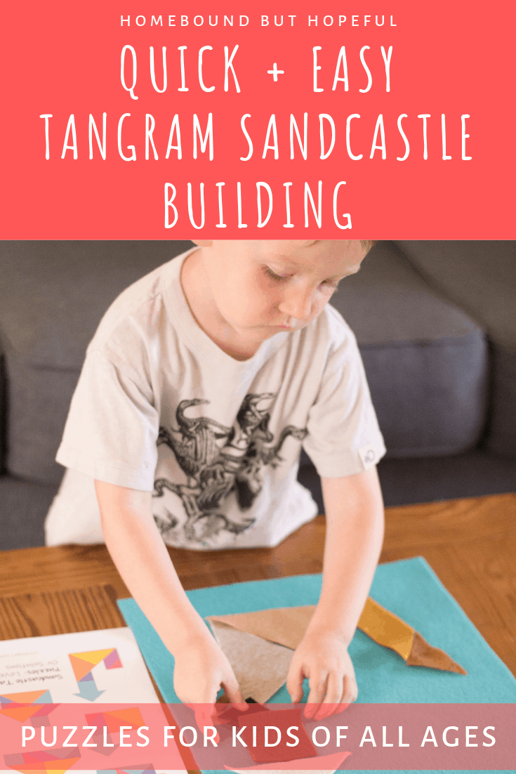 Summertime means beaches, swimming, and SANDCASTLES! Leave the sand outside and get some fun math work in with these simple tangram sandcastle building puzzles! I've included 2 levels of free printable puzzle sheets, making them perfect for kids of all ages this summer! #summerlearning #tangrams #earlylearning #preschoolathome #homeschool #learnthroughplay #playistheworkofchildren